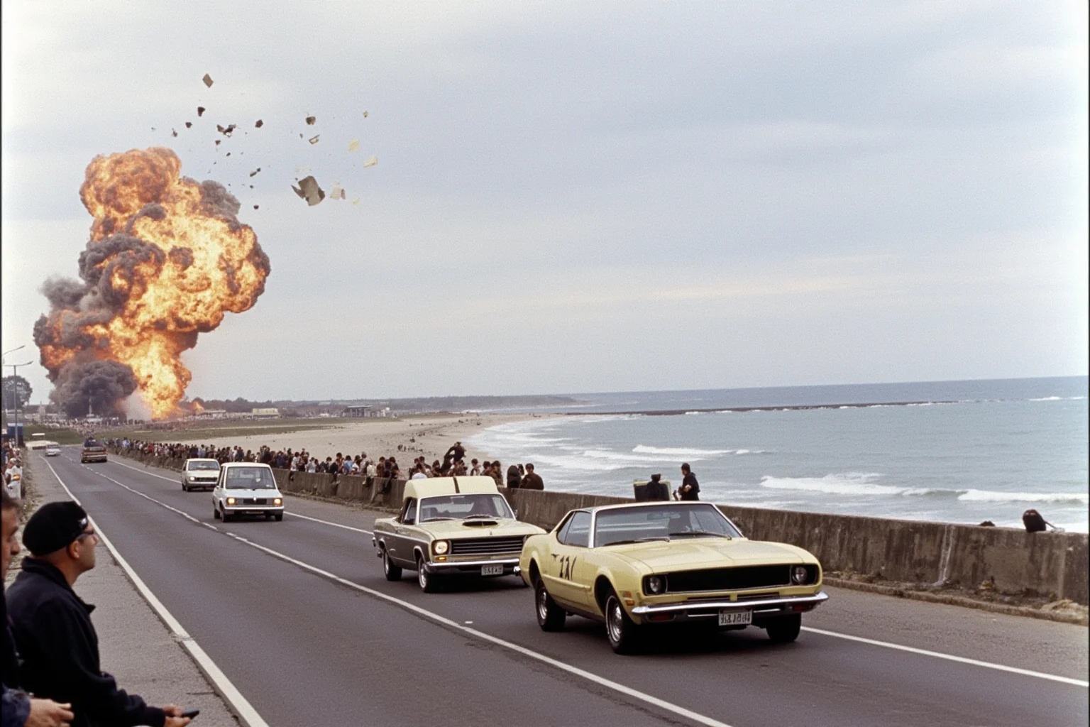 A 1970s coastal highway scene with a crowd watching from a distance as debris flies from a large explosion near a beach