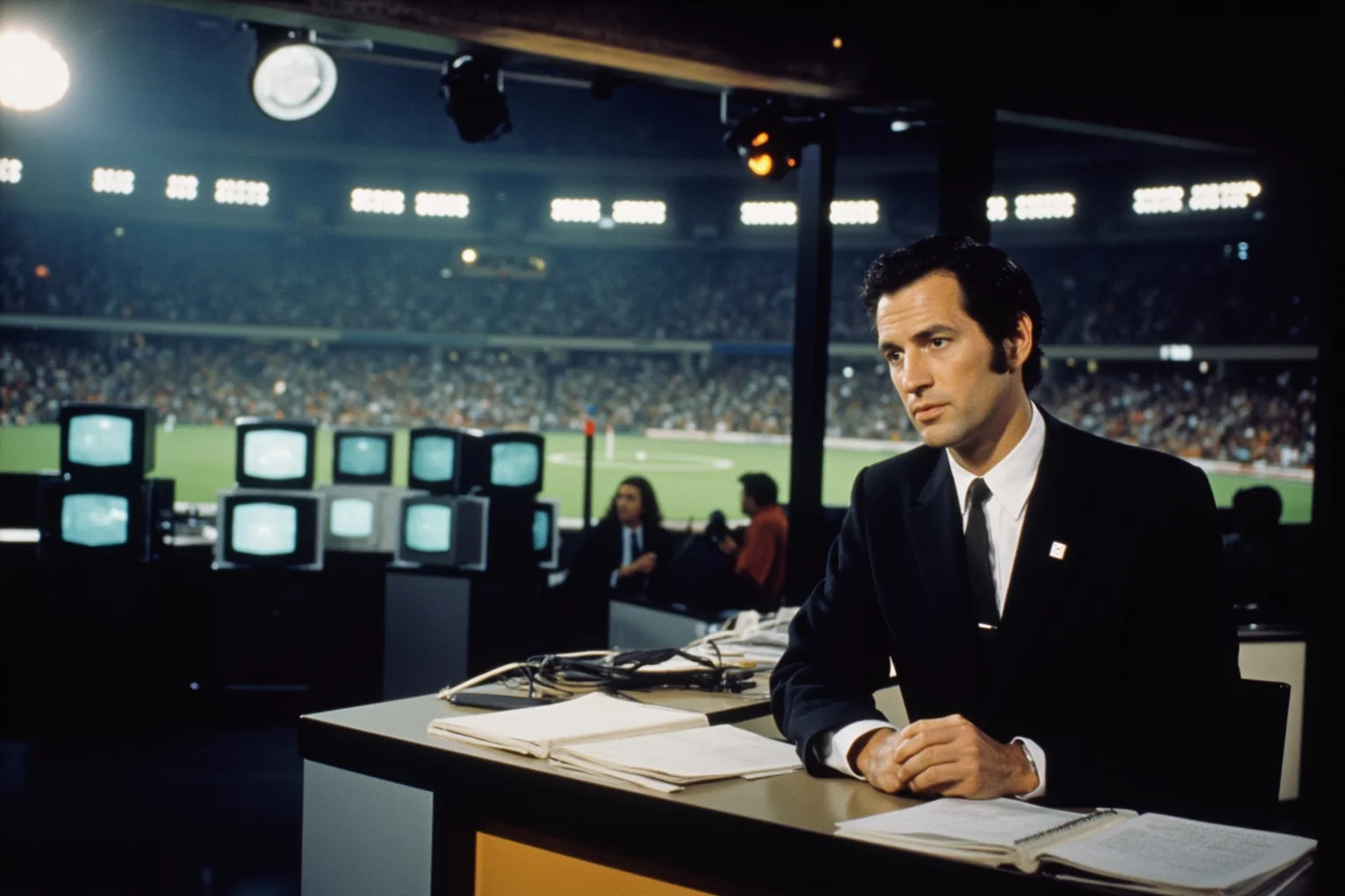 Most Important Historical Events Televised Live 5 A 1970s newsroom set with a broadcaster at a desk, monitors in the background showing an Olympic stadium under tense security lights