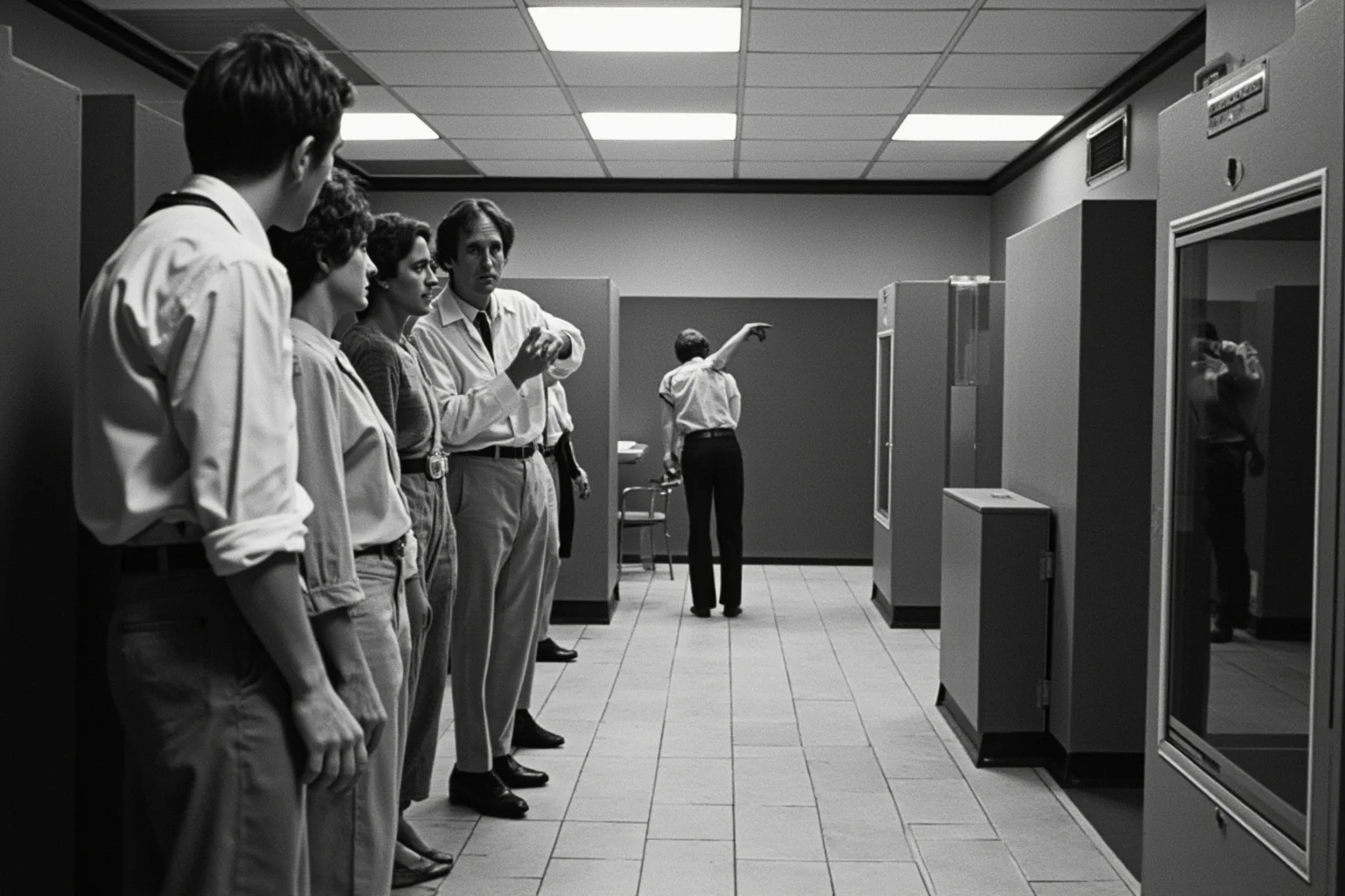 A 1970s prison simulation facility with researchers observing behavior in a controlled experimental environment
