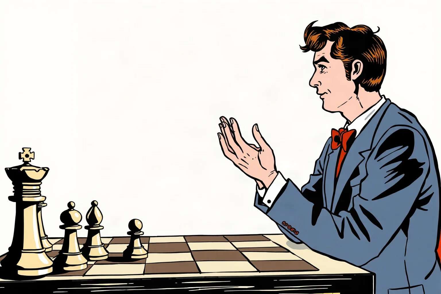 A 1970s-style illustration of a graceful, good-natured chess champion applauding an opponent's move