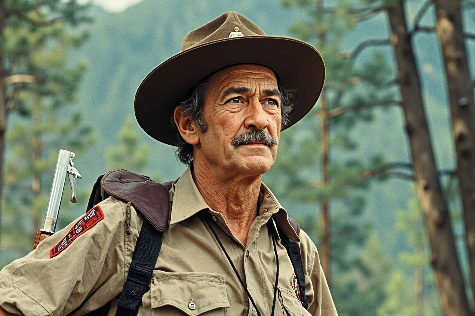 The Human Lightning Rod: The Man Who Was Struck Seven Times 16 A 1970s-style portrait illustration of a weathered outdoorsman in a park ranger uniform