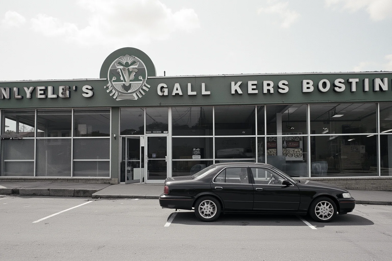 A 1990s American sedan parked outside a closed, empty car dealership building