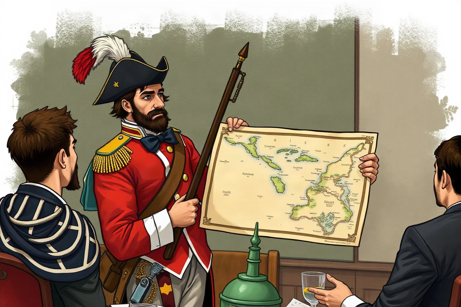 A 19th-century adventurer in an invented military uniform presenting a map of a fictional tropical country to investors
