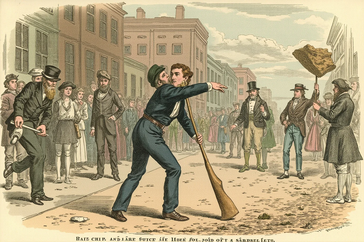 A 19th-century American street scene with a young man placing a wood chip on his shoulder, daring passersby, vintage illustration for 'chip on your shoulder'