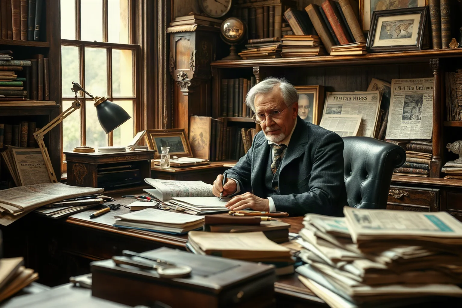 A 19th-century British journalist at a cluttered writing desk surrounded by newspapers and shipping ledgers