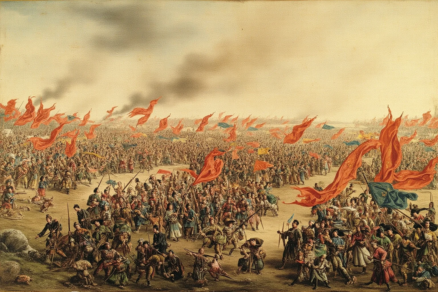 The Worst Events in Human History: 22 of the Darkest Chapters Ever Recorded 17 A 19th-century Chinese battlefield scene with soldiers and banners, representing the Taiping Rebellion