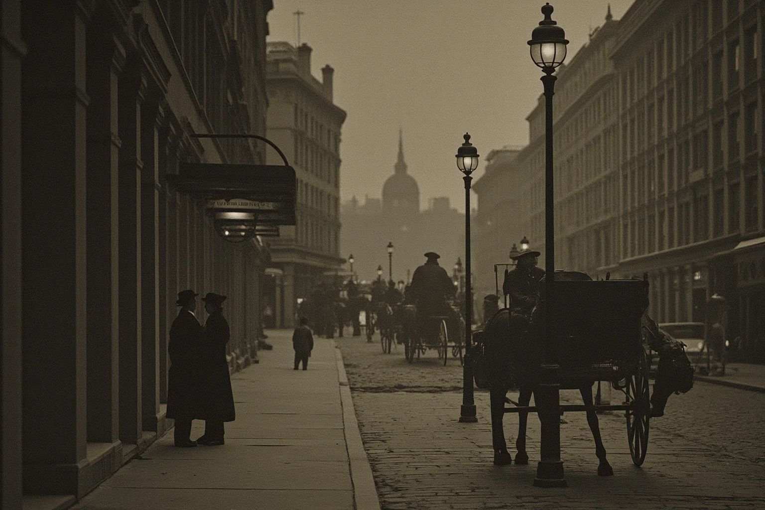 A 19th-century city sidewalk scene with gas lamps and horse carriages, moody vintage illustration