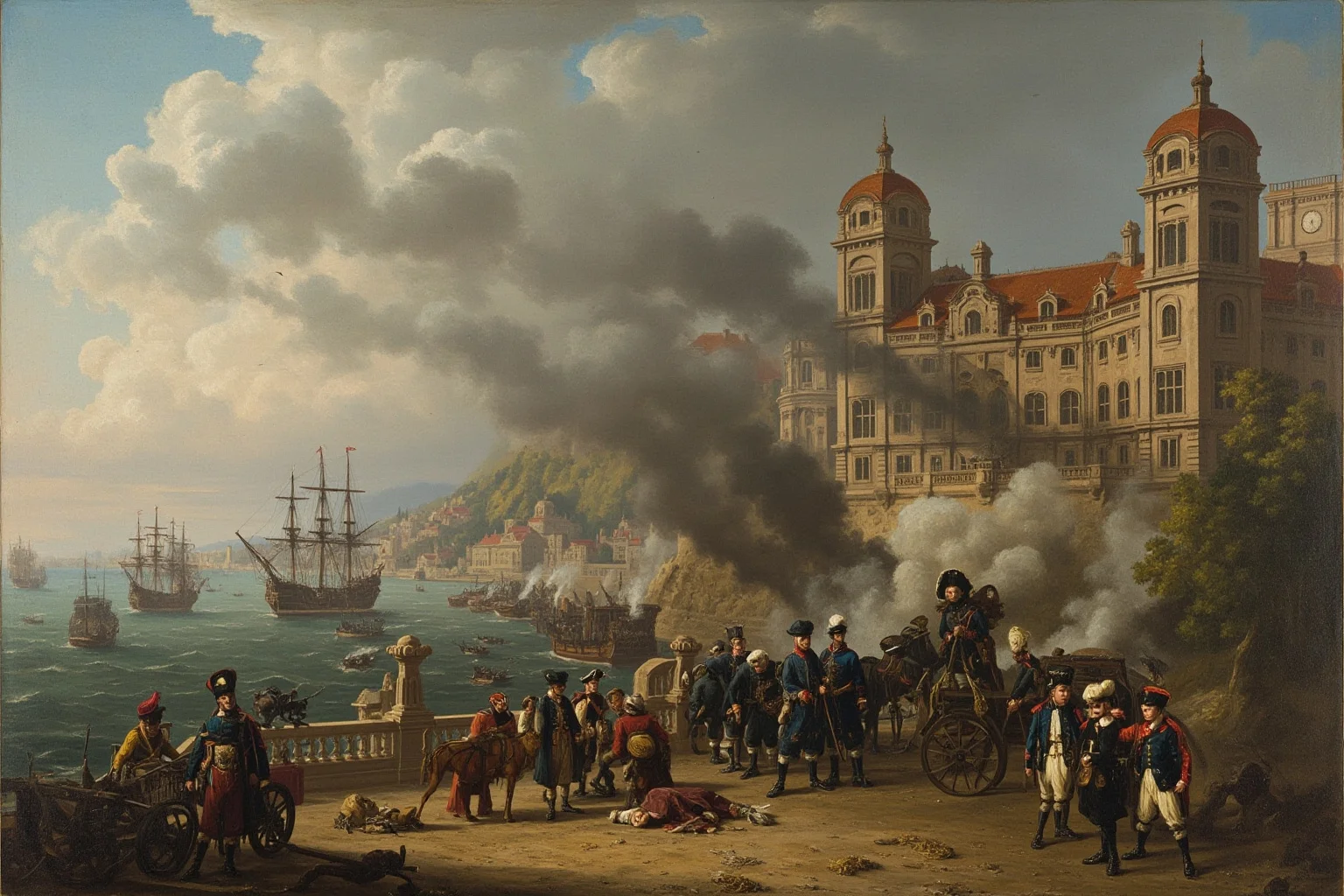 A 19th-century coastal palace under brief cannon bombardment from ships offshore, with a clock in the corner