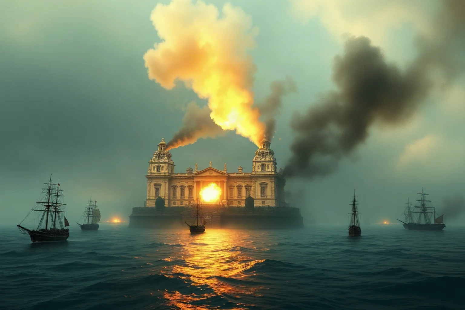 A 19th-century coastal palace under naval bombardment with smoke rising, evoking a very brief conflict