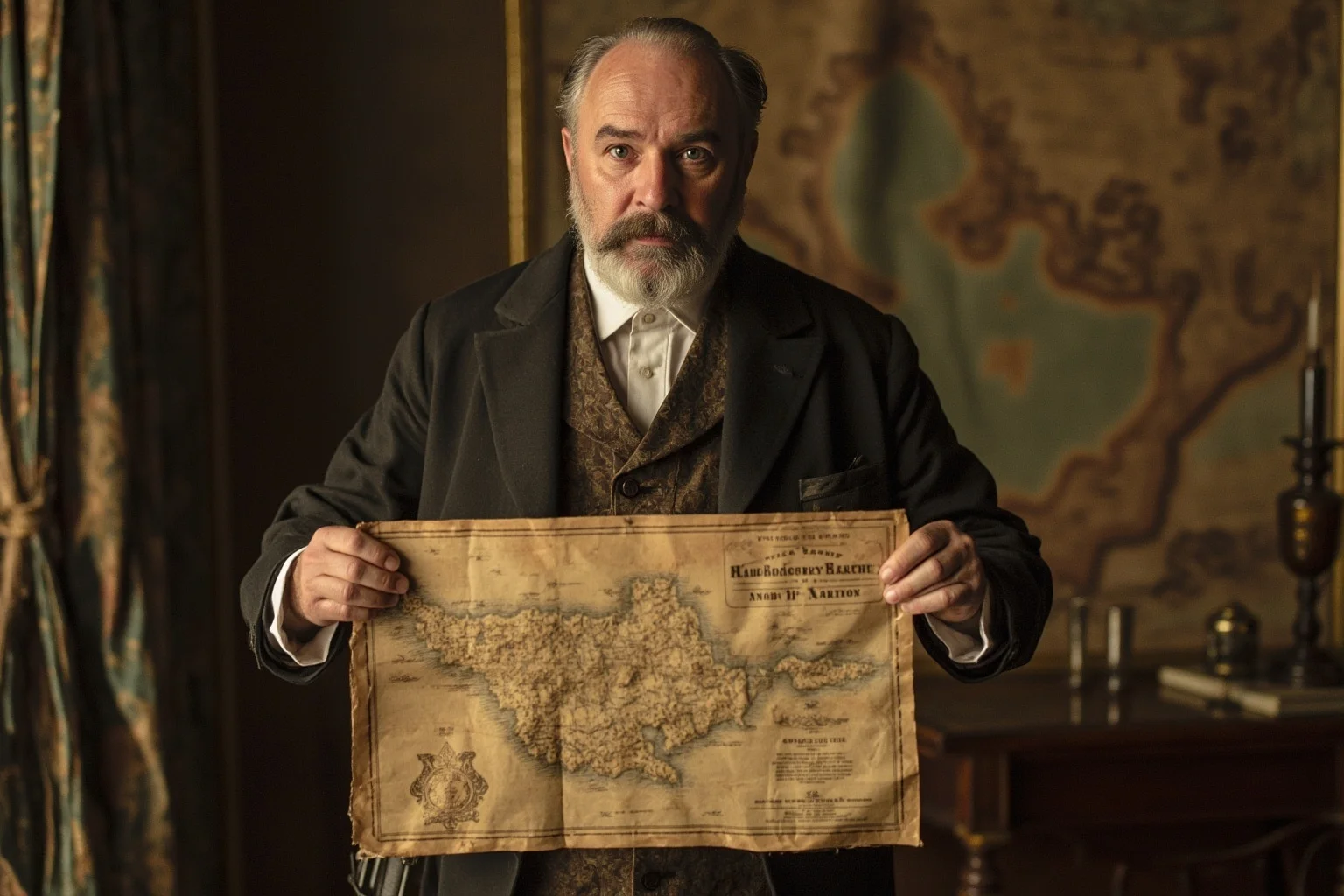 A 19th-century con man in a formal coat presenting an elaborate map of a fictional tropical country to investors