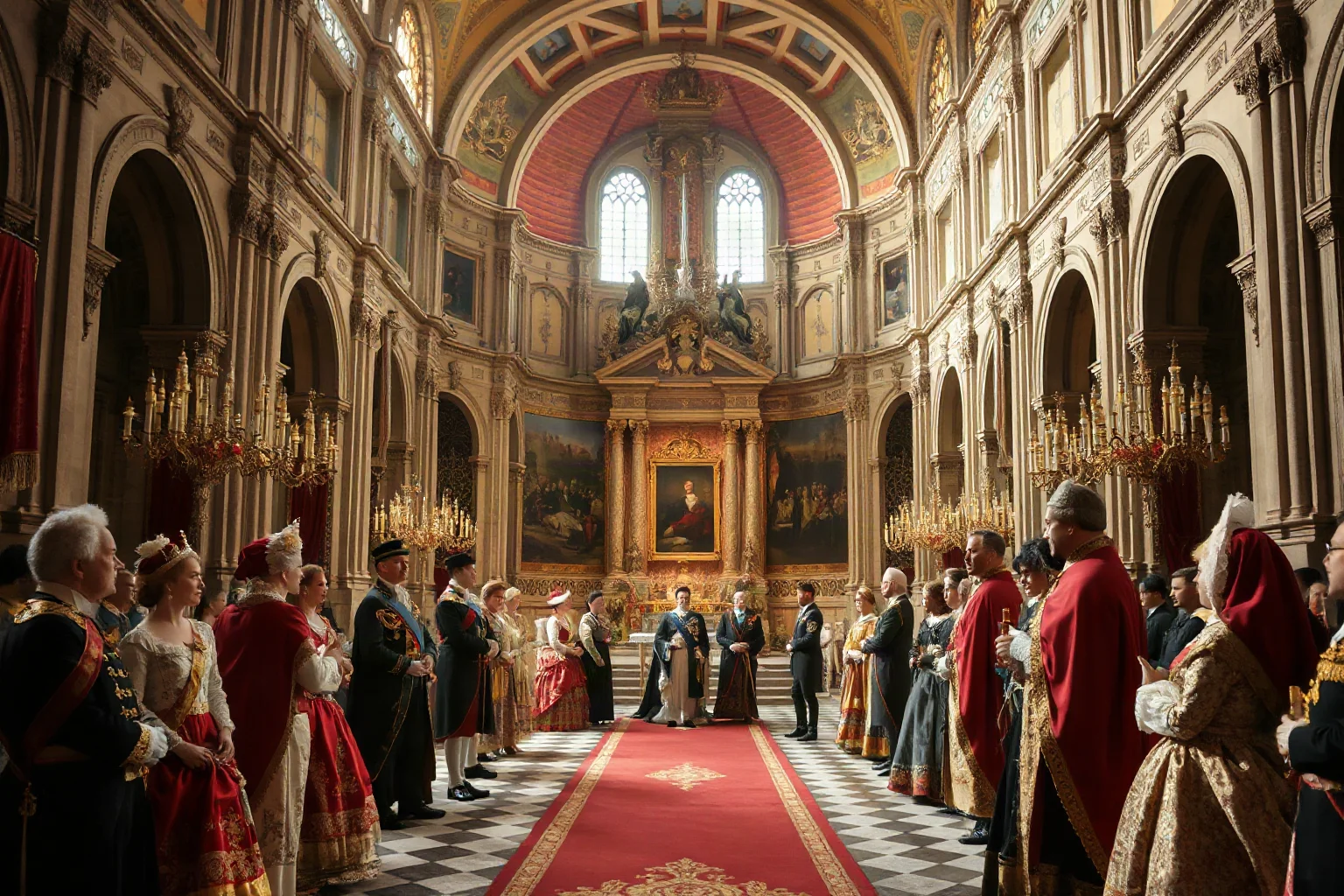 A 19th-century coronation scene inside a grand European cathedral with royal attendants