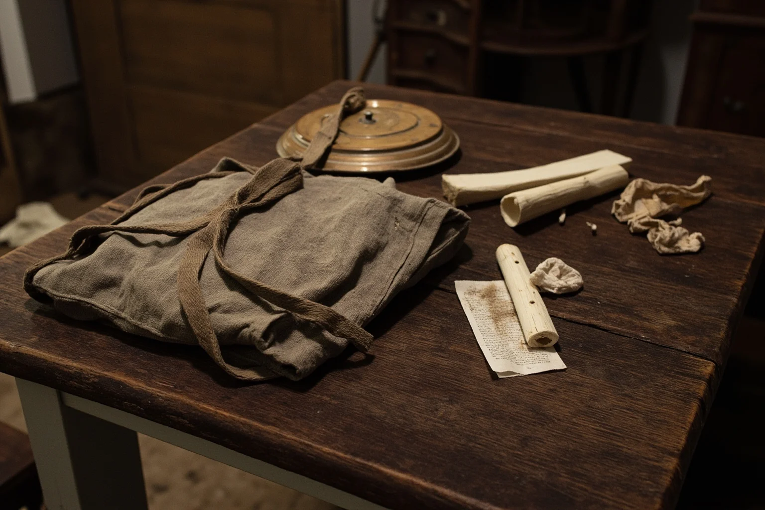 A 19th-century country doctor's bag and splint materials on a wooden table inside a rustic Maryland farmhouse