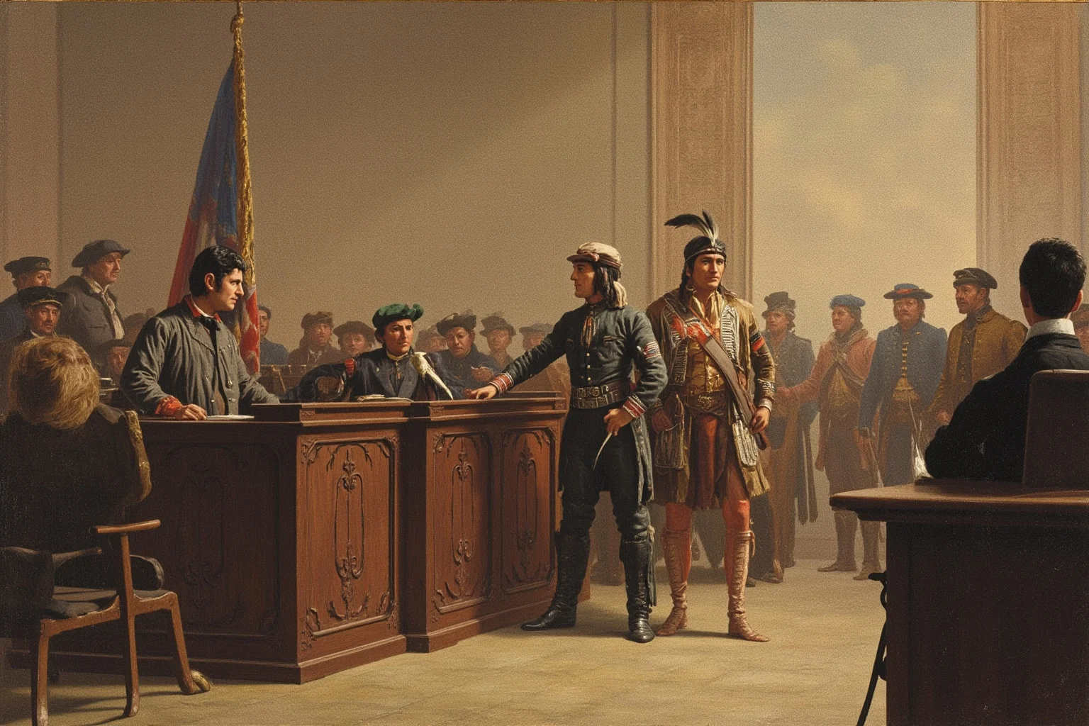 22 Inspiring Stories From Native American History 11 A 19th-century courtroom scene with a Native American man standing before a judge