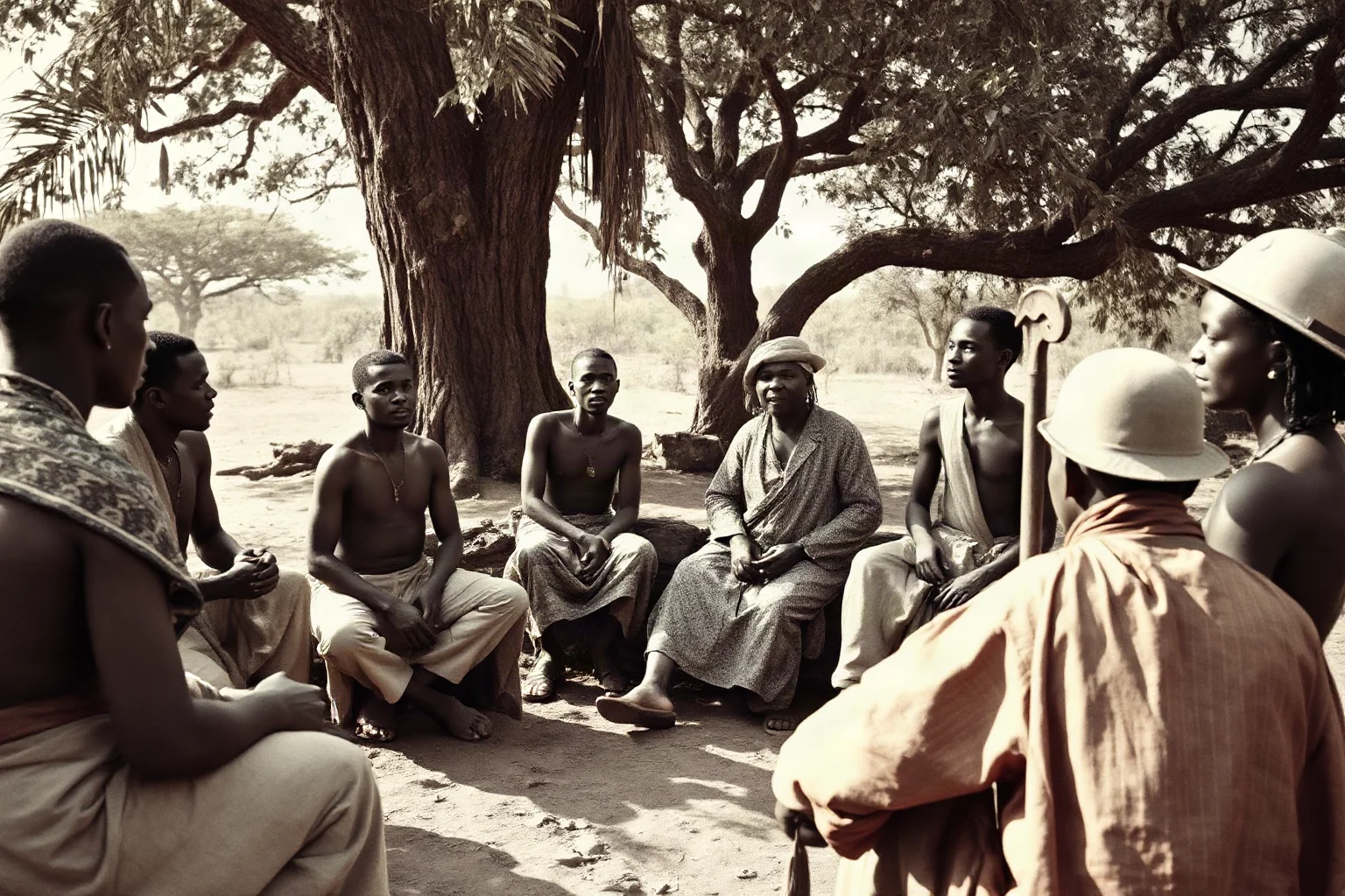 A 19th-century explorer in pith helmet meeting with African village leaders under trees for a treaty negotiation