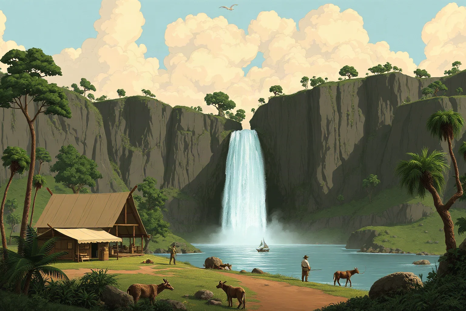 A 19th-century explorer's camp beside a great African waterfall, illustrated historical style