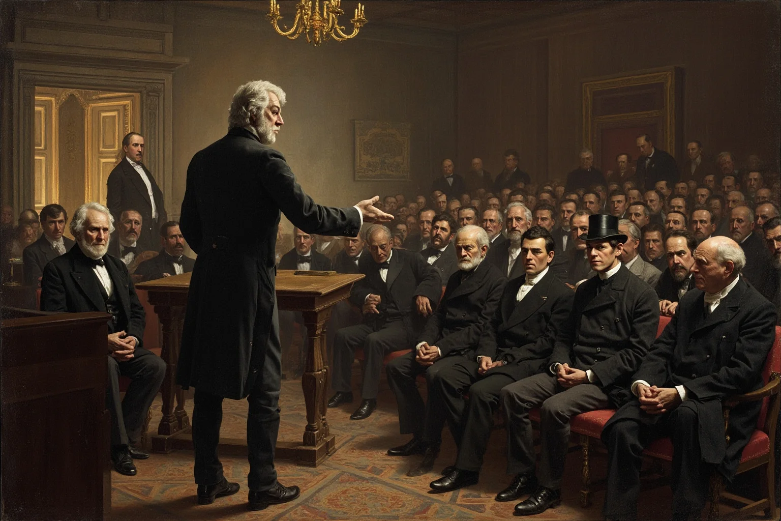 A 19th-century gentleman addressing a formal seated audience in a Victorian meeting hall
