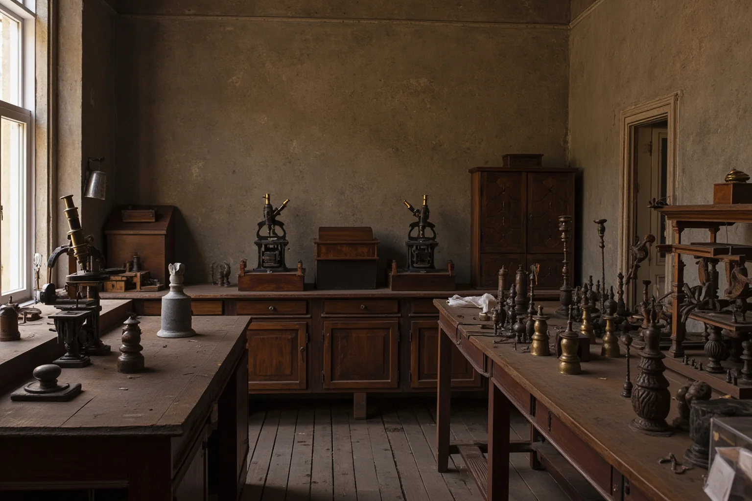 A 19th century German laboratory with scientific equipment, microscopes, and early psychology research apparatus on wooden tables