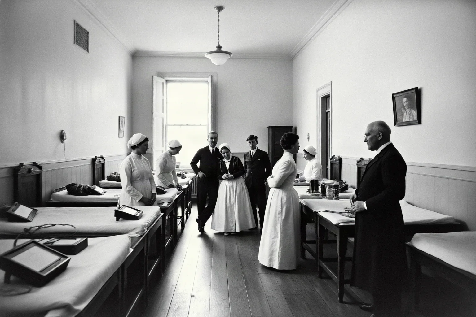 A 19th-century hospital ward with doctors and nurses, representing medical advances