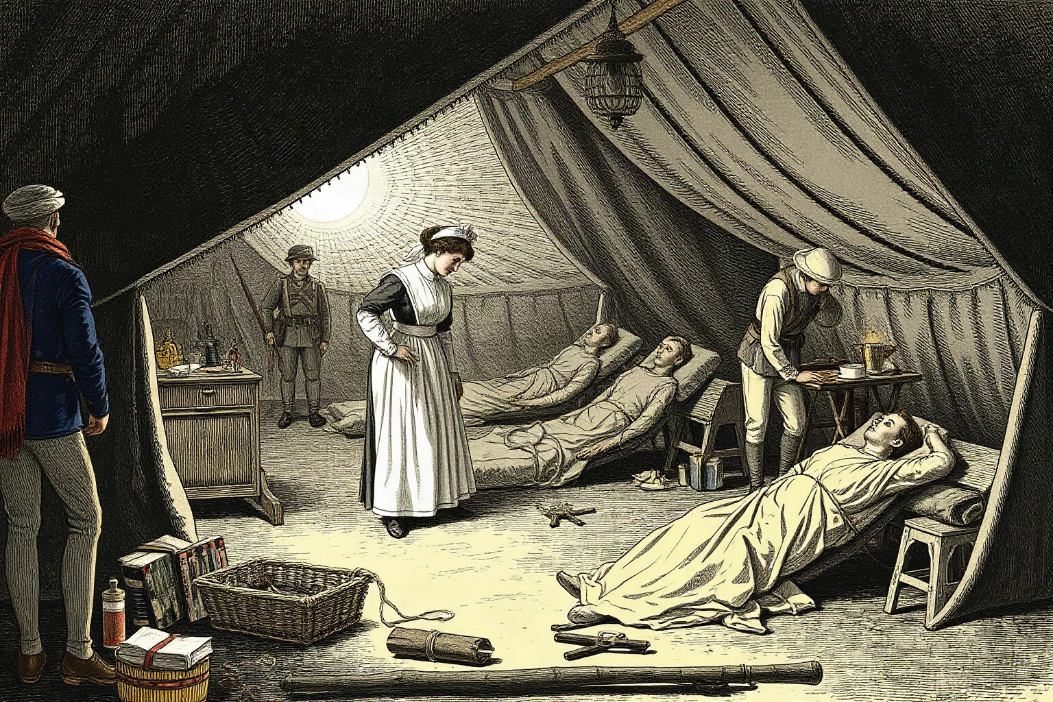 A 19th-century illustration of a nurse tending to wounded soldiers in a lamplit field hospital tent