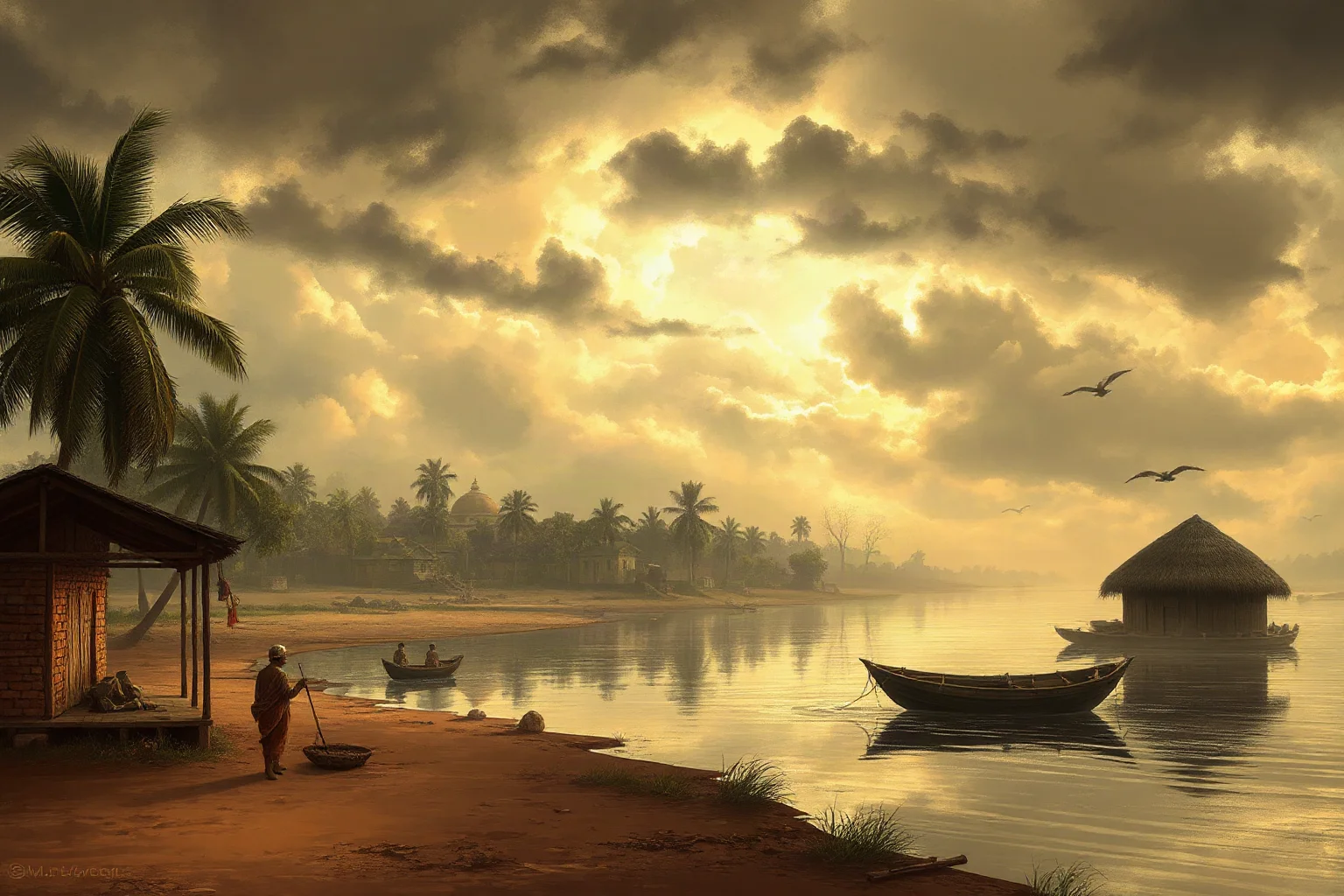 A 19th-century Indian riverside village scene with disrupted monsoon skies, historical illustration style, respectful and non-graphic