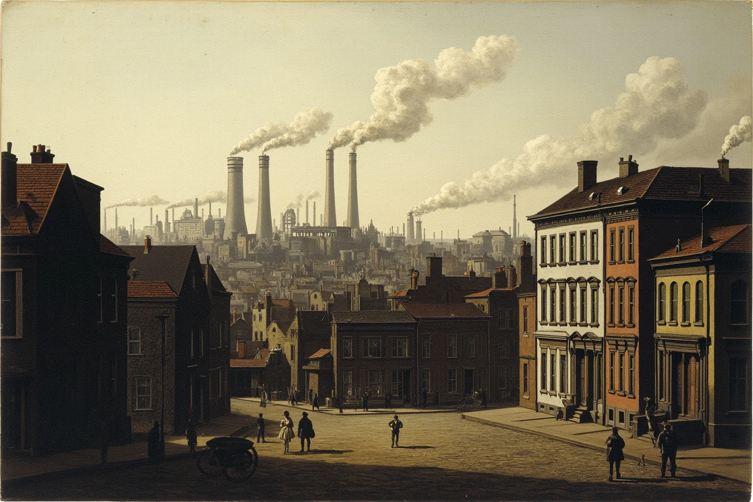 A 19th-century industrial city skyline with smokestacks viewed from a working-class street