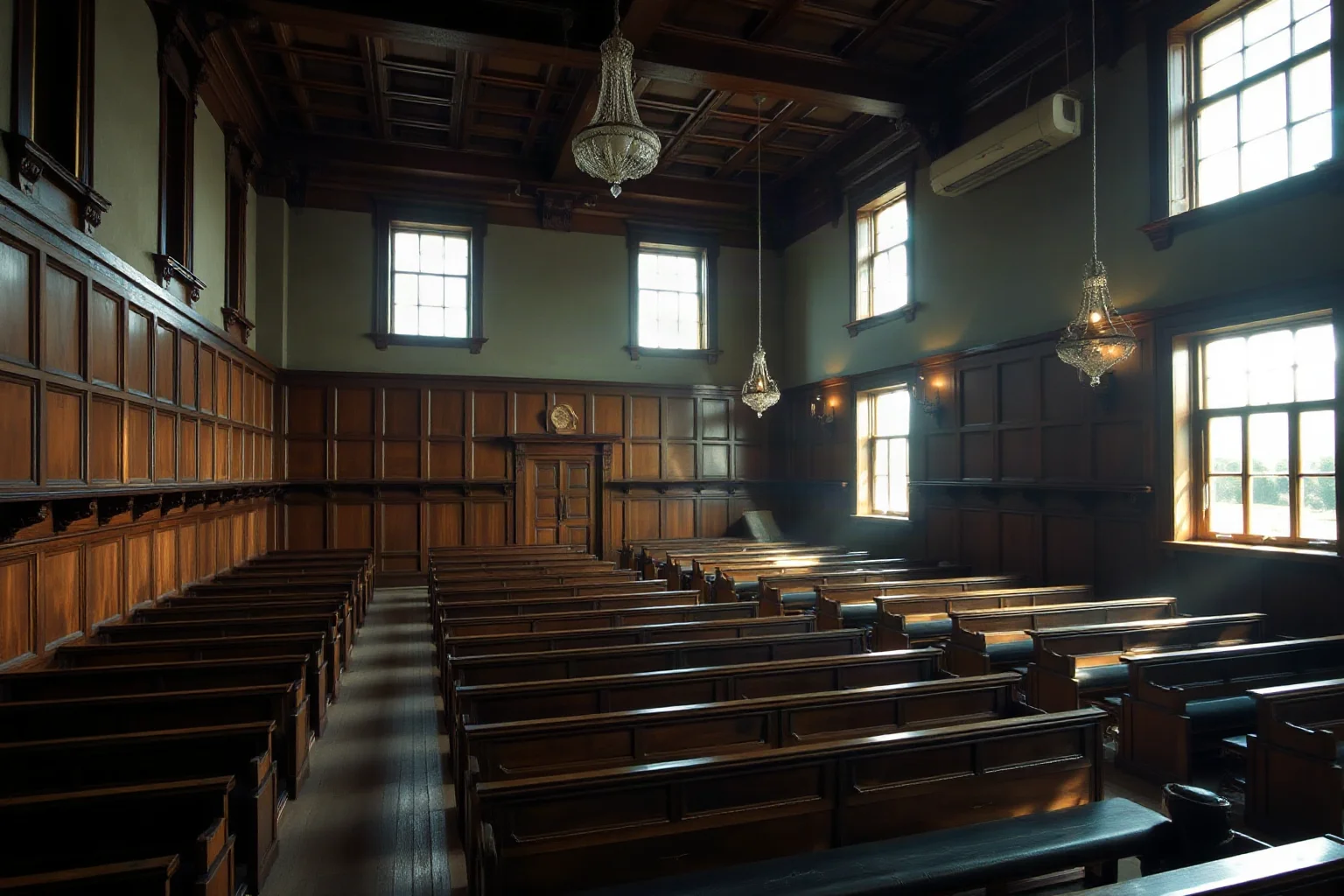 A 19th-century Irish parliamentary hall with wooden benches and tall windows, empty and atmospheric