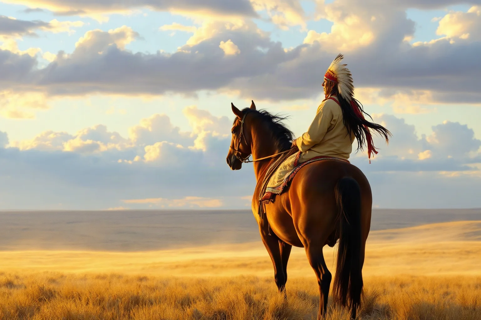 A 19th-century Lakota leader on horseback overlooking windswept Great Plains grassland at sunrise, historical painting style, no identifiable real person