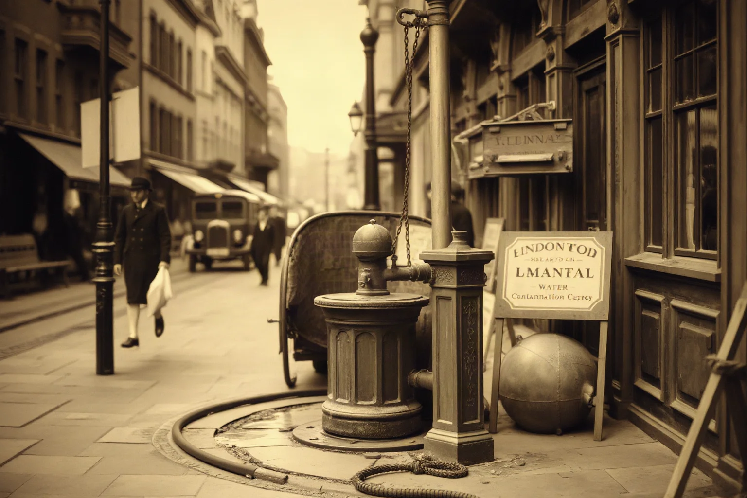 A 19th-century London street pump scene representing the cholera water contamination discovery, sepia documentary style
