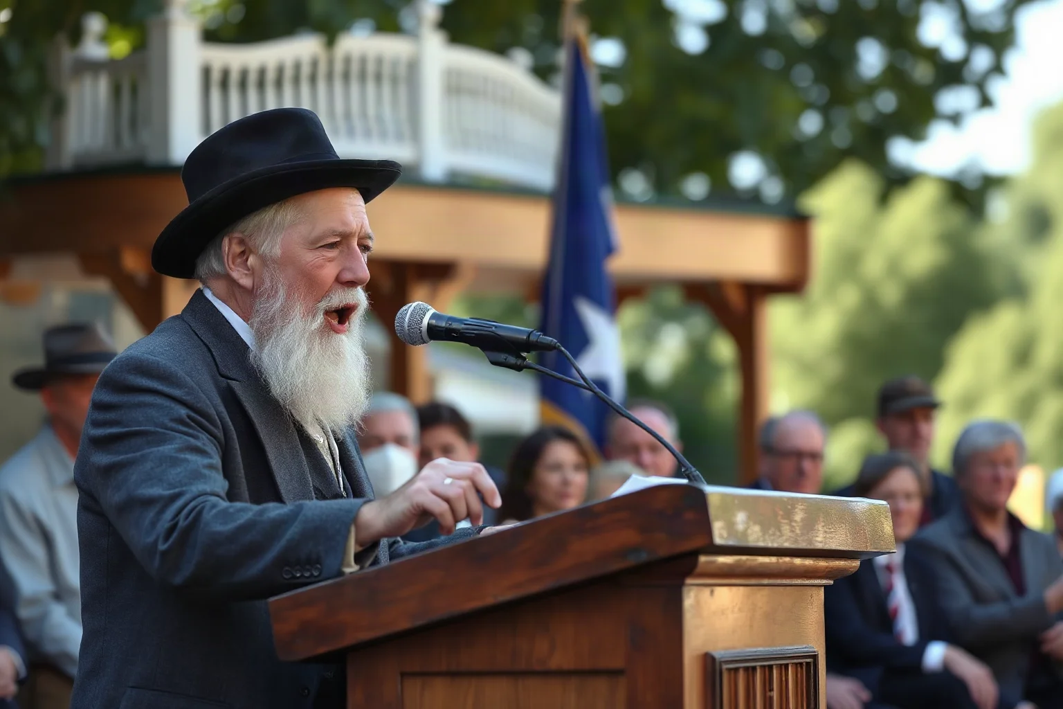 A 19th-century man addressing a formal audience from a wooden podium on a summer day