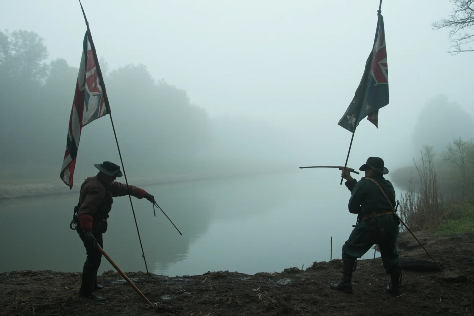 A 19th-century militia standoff at a foggy river border with two flags planted on opposite banks