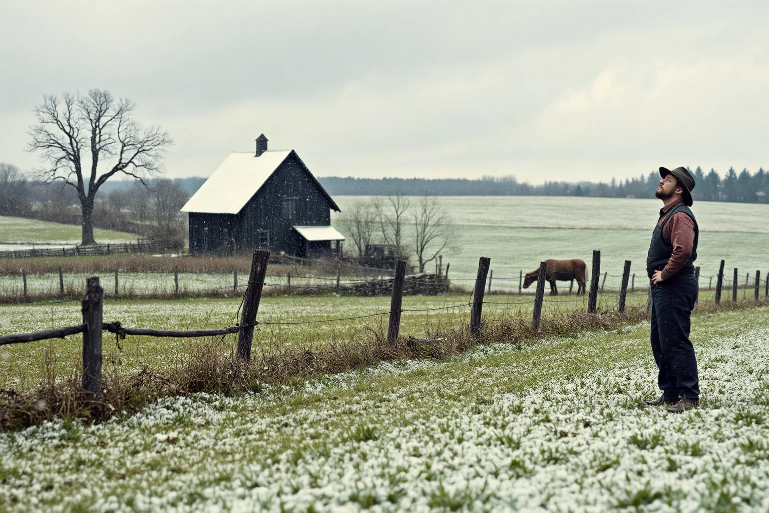 A 19th-century New England farm scene with snow falling on green summer fields and a startled farmer looking up at the sky