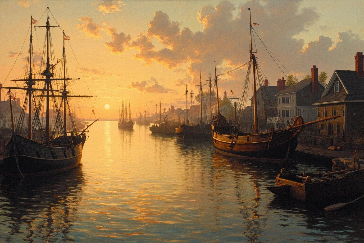 23 Facts About Hetty Green, the Billionaire Who Lived Like a Beggar 3 A 19th-century New England whaling harbor with wooden ships docked, warm sunset lighting, historical illustration style