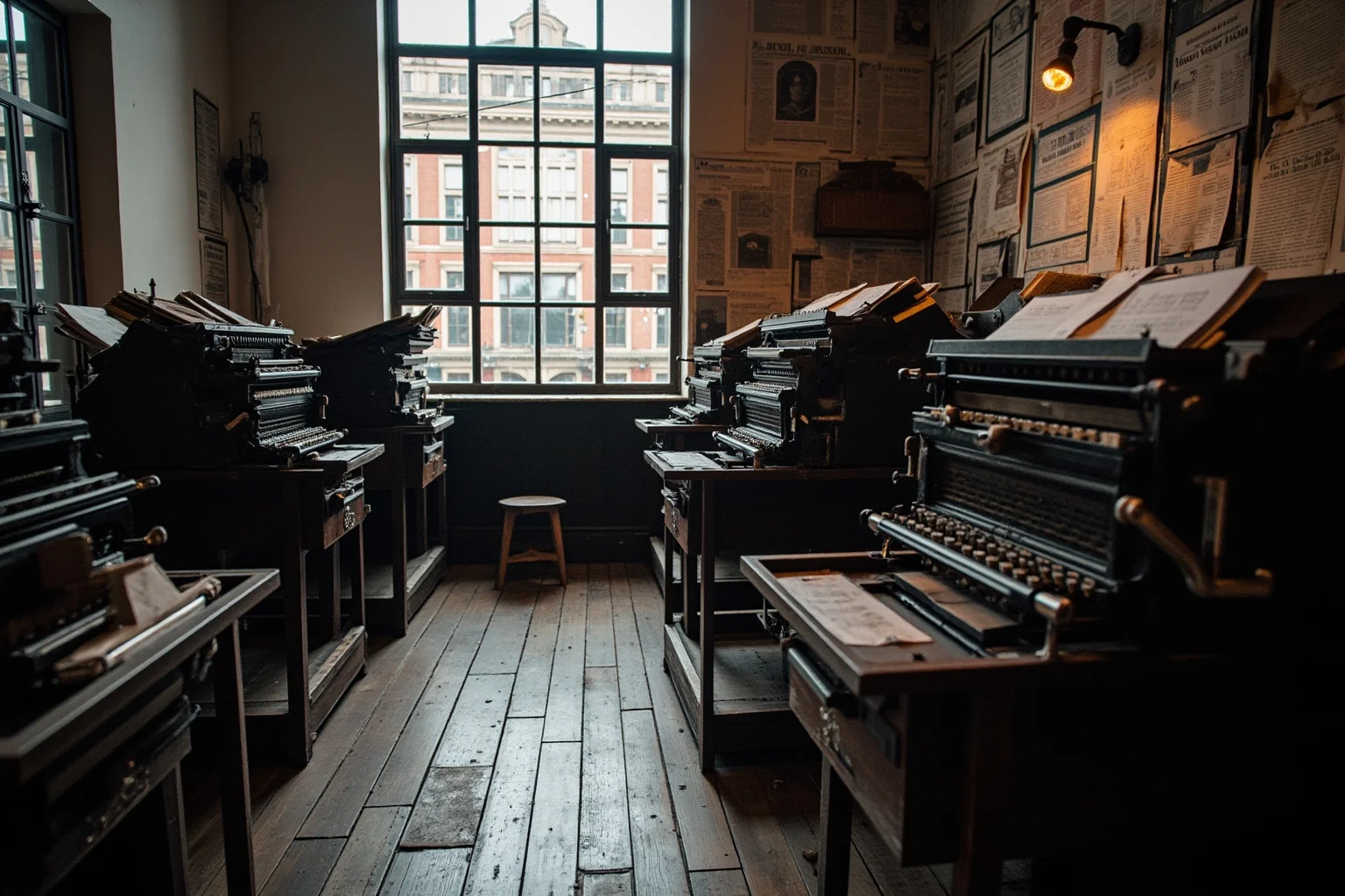 A 19th century newspaper printing office with typesetters and printing presses, representing journalism and newspaper empires