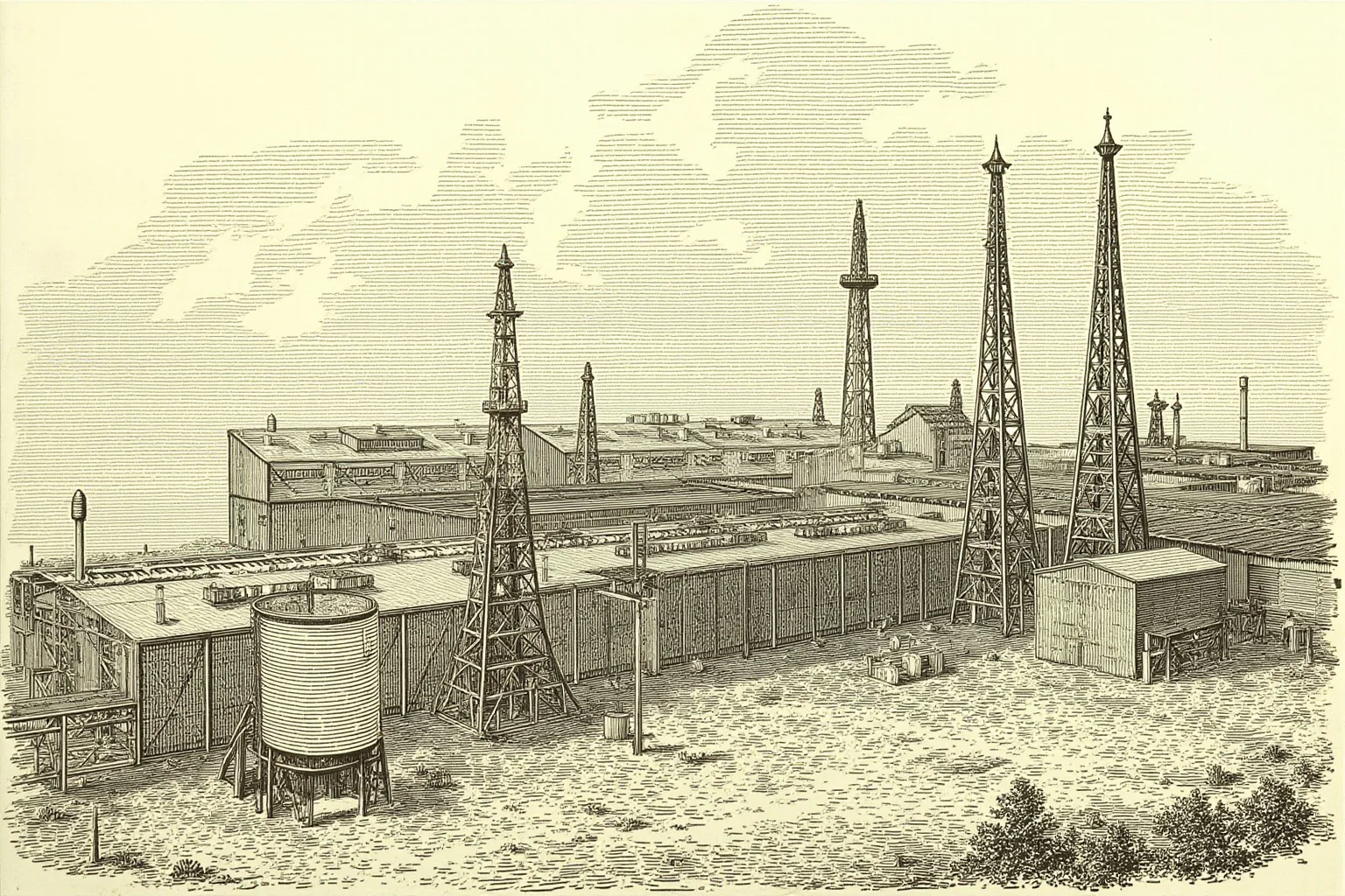 A 19th-century oil refinery with wooden derricks and storage tanks, illustration style
