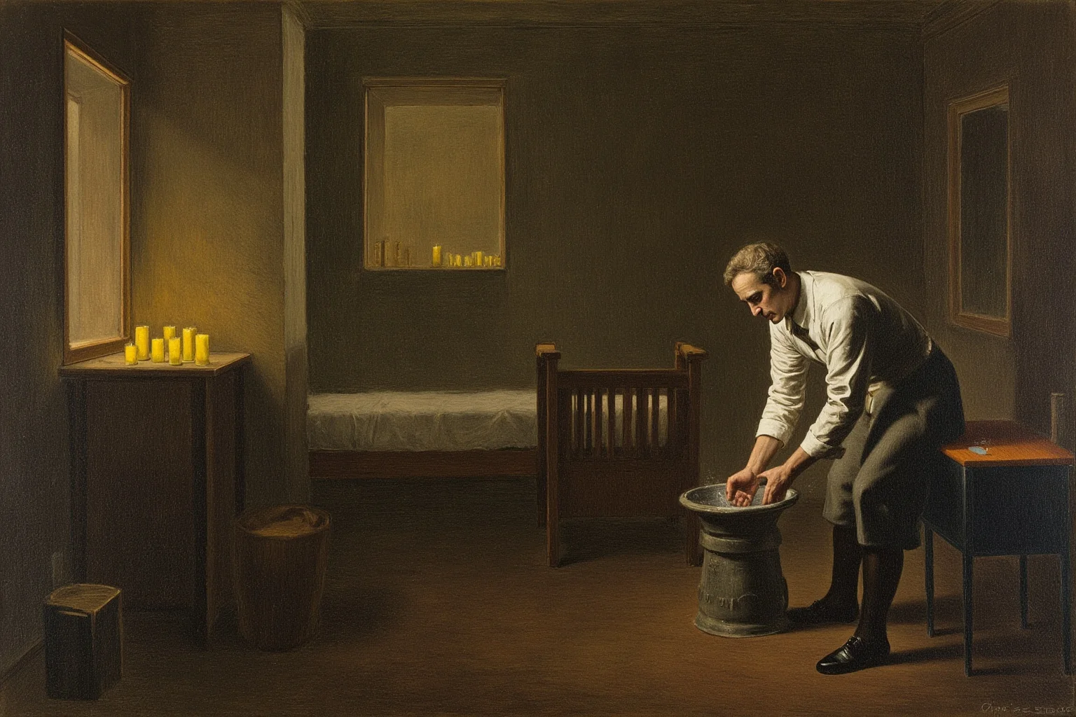 A 19th-century physician washing his hands at a basin in a candlelit hospital ward, historical illustration