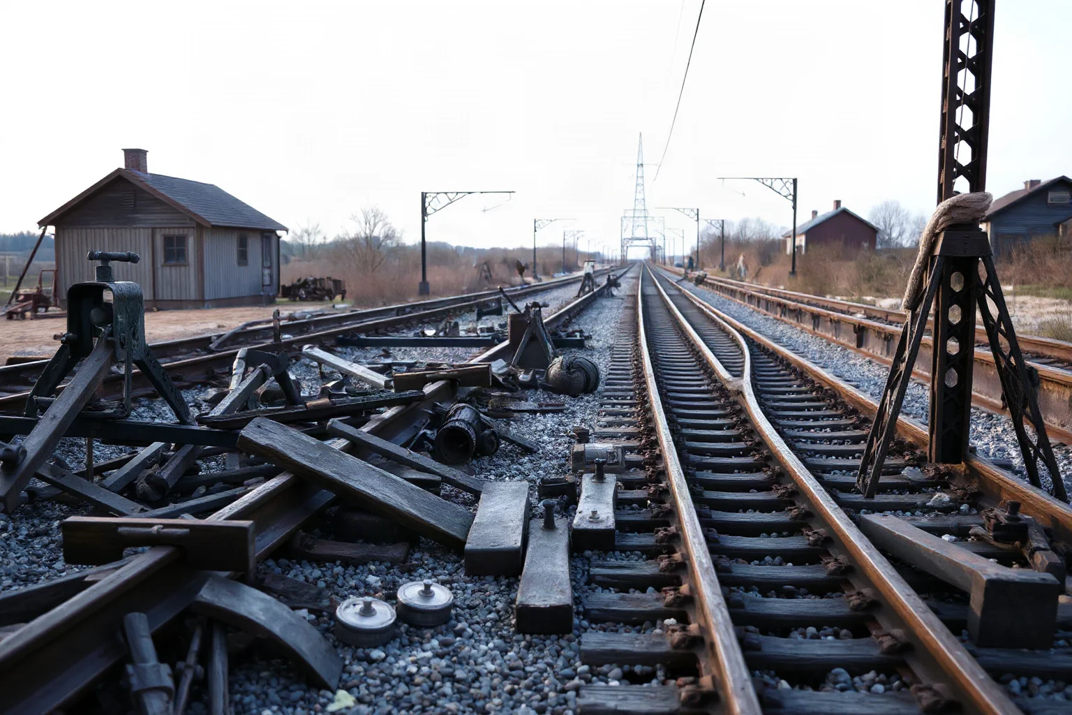A 19th-century railroad worksite with iron tools and rail lines stretching into the distance under a pale sky
