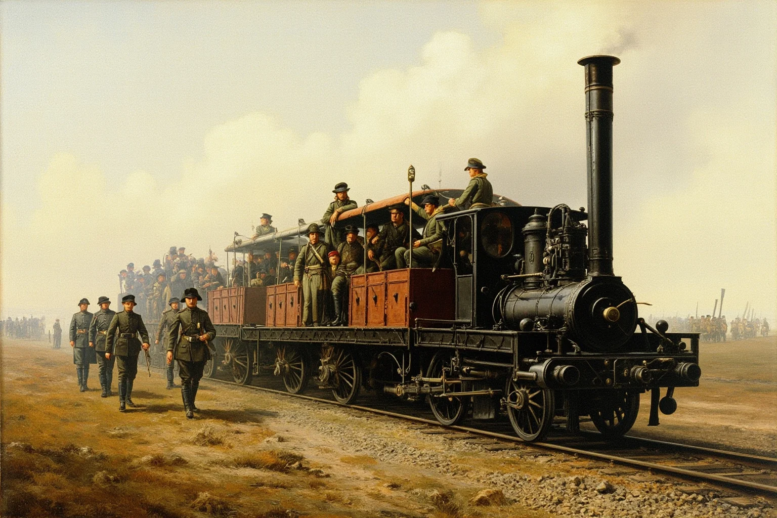 A 19th century railway loaded with soldiers and artillery being mobilized, steam engine in the foreground, historical painting style