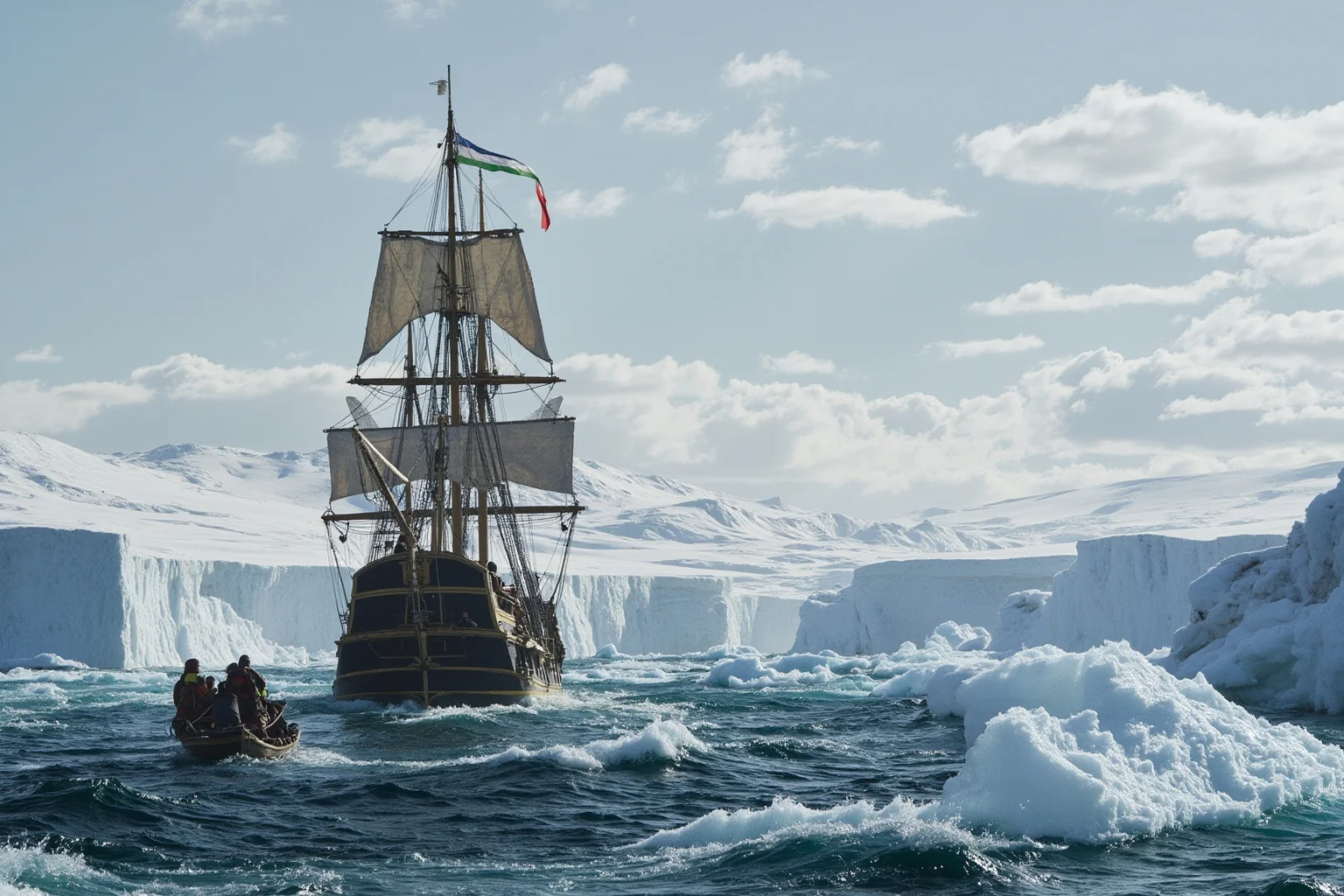 A 19th-century sailing ship anchored near icy cliffs with a small landing party exploring the magnetic pole region