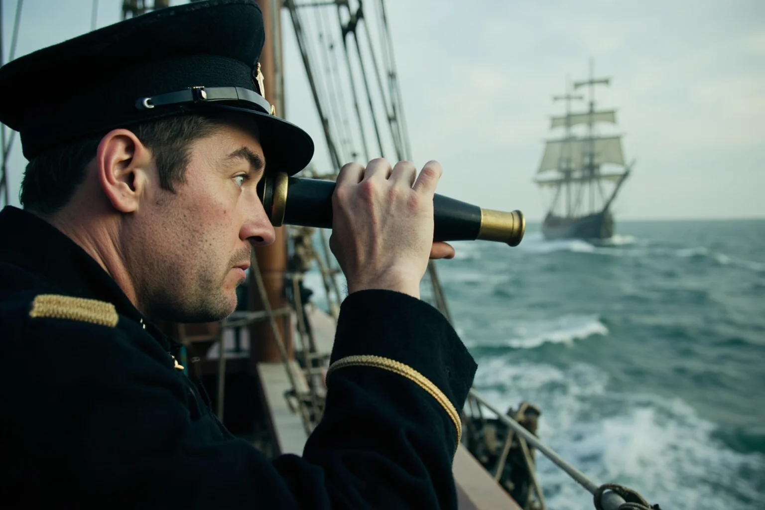 A 19th-century sailing ship on rough seas with an officer looking through a telescope, illustrating 'turn a blind eye' in vintage maritime style