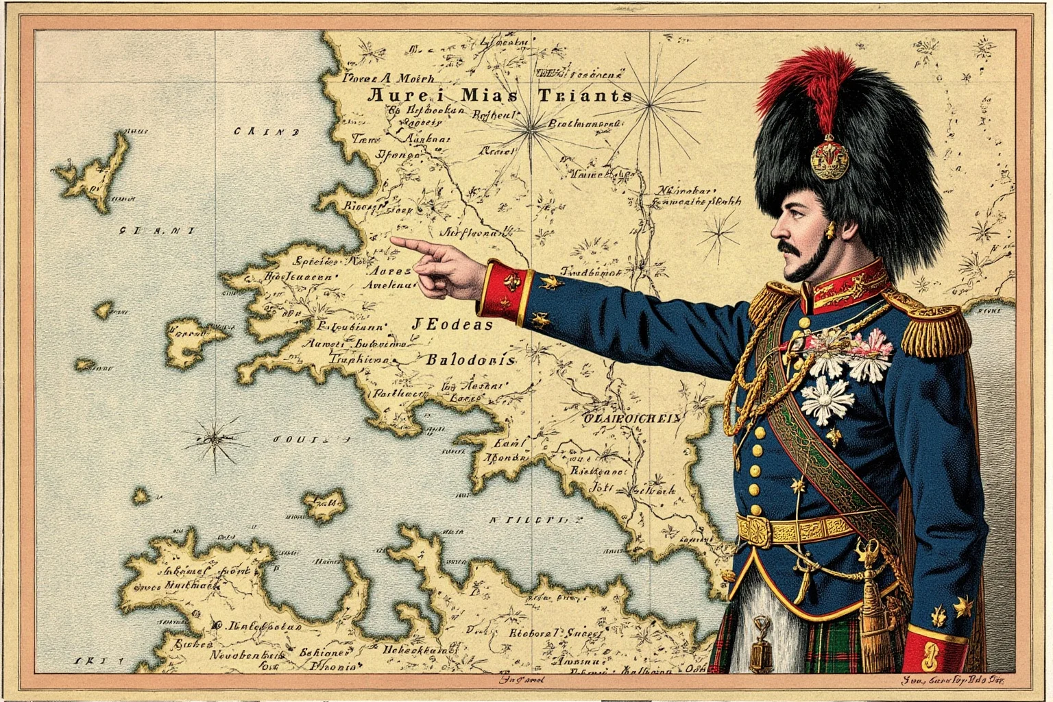 A 19th-century Scottish soldier in uniform pointing proudly at a fantastical map of an invented tropical nation