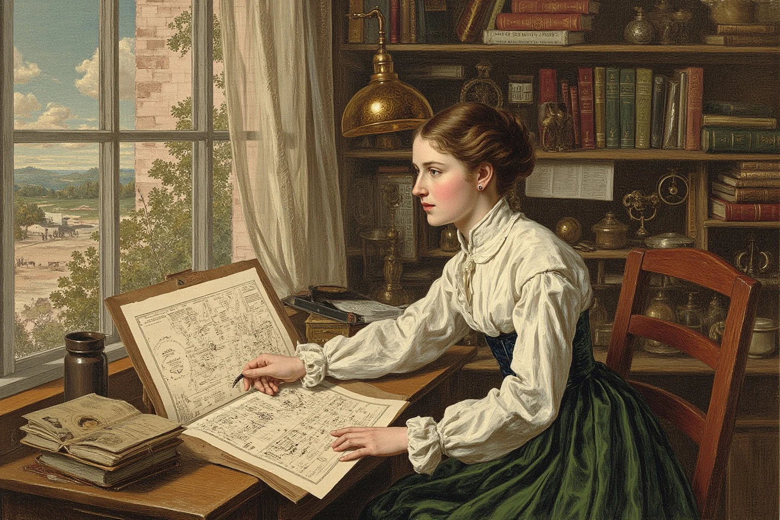 A 19th-century self-taught woman scientist surrounded by astronomy charts and books in a modest study, Victorian illustrative style