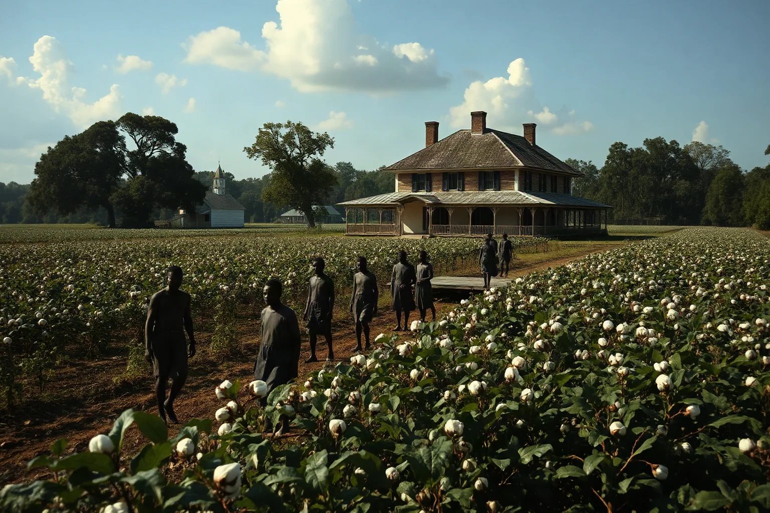 A 19th-century Southern plantation setting with enslaved people, cotton fields, and a large house in the background