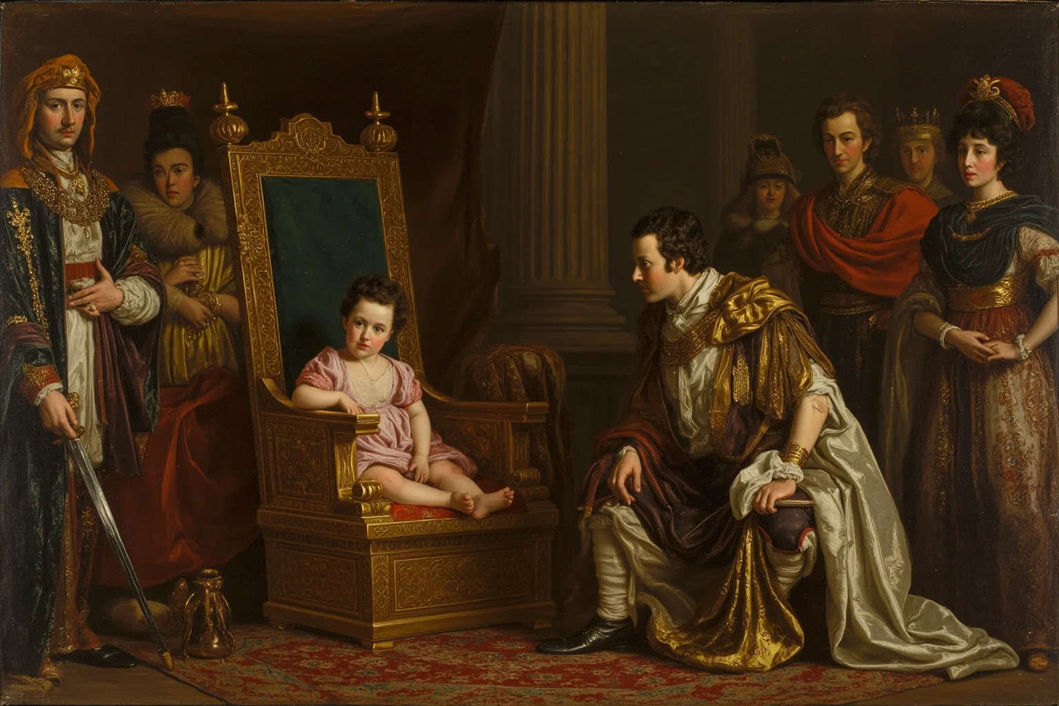 A 19th-century Spanish royal court scene with a small child seated on an ornate throne surrounded by nobles, oil painting style