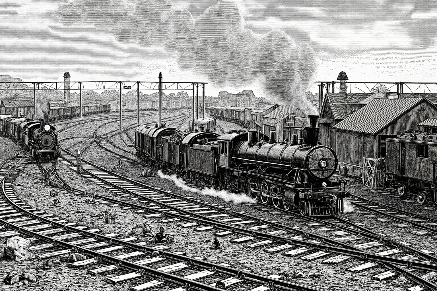 A 19th-century steam-powered train yard with multiple rail lines converging, illustration style