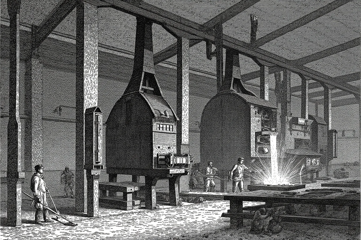 A 19th-century steel mill interior with molten metal being poured, illustration style