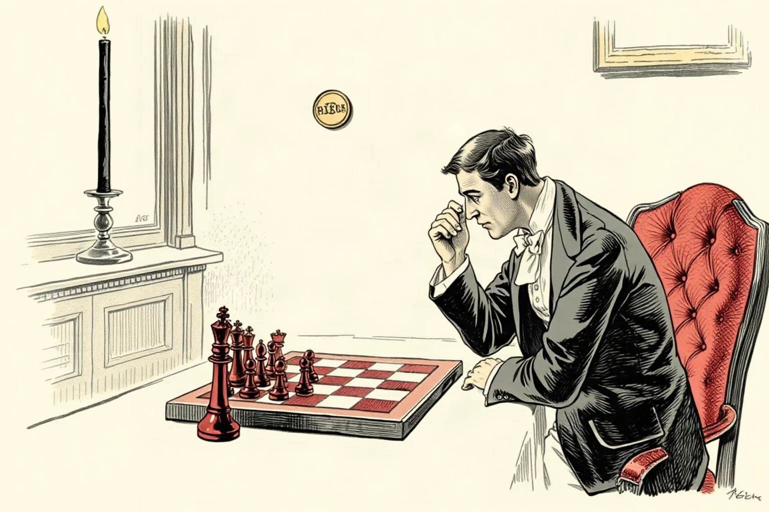 A 19th-century style illustration of a formally dressed Victorian-era chess player analyzing a board by candlelight