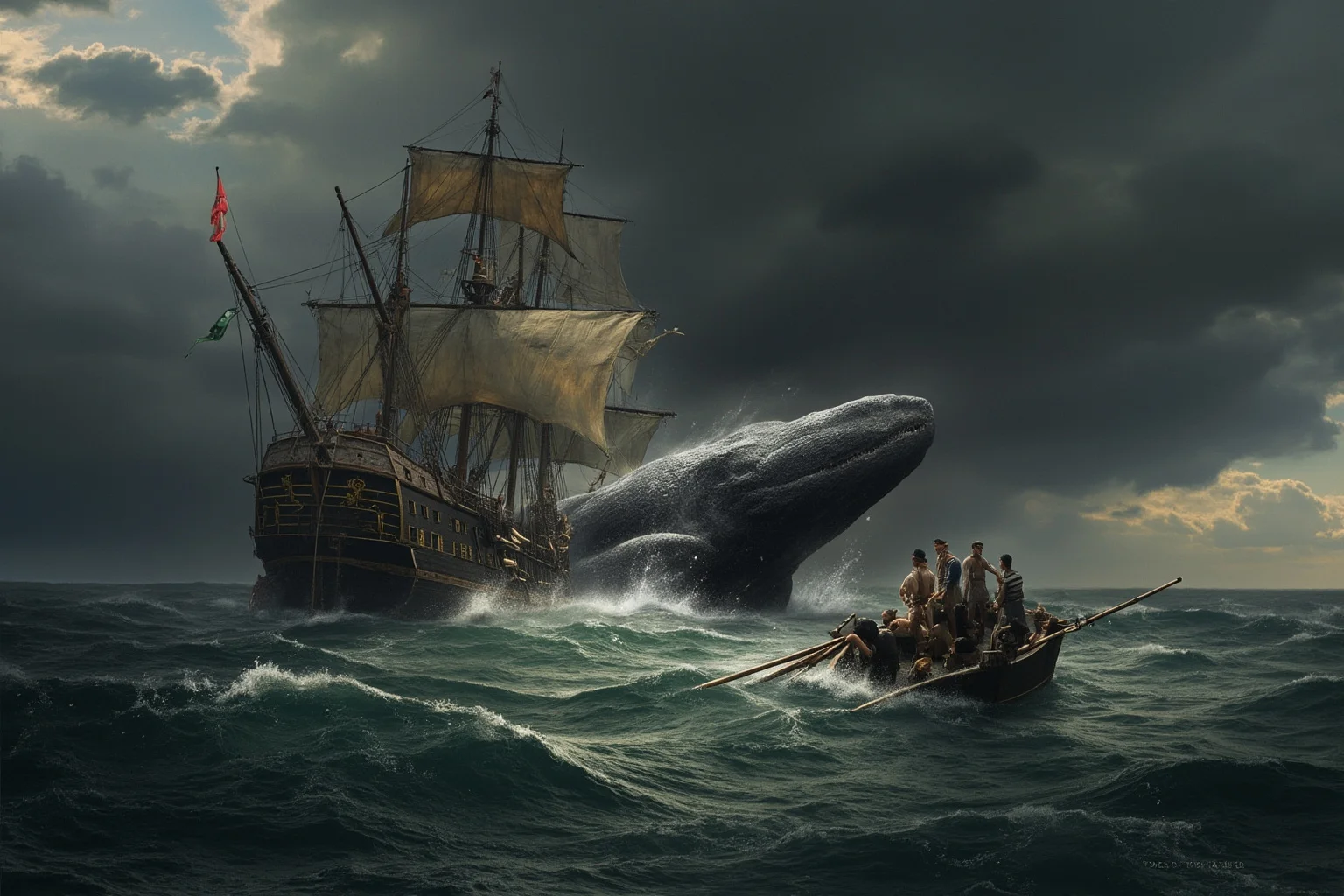 A 19th-century whaling ship being struck by a massive whale under a darkening stormy sky