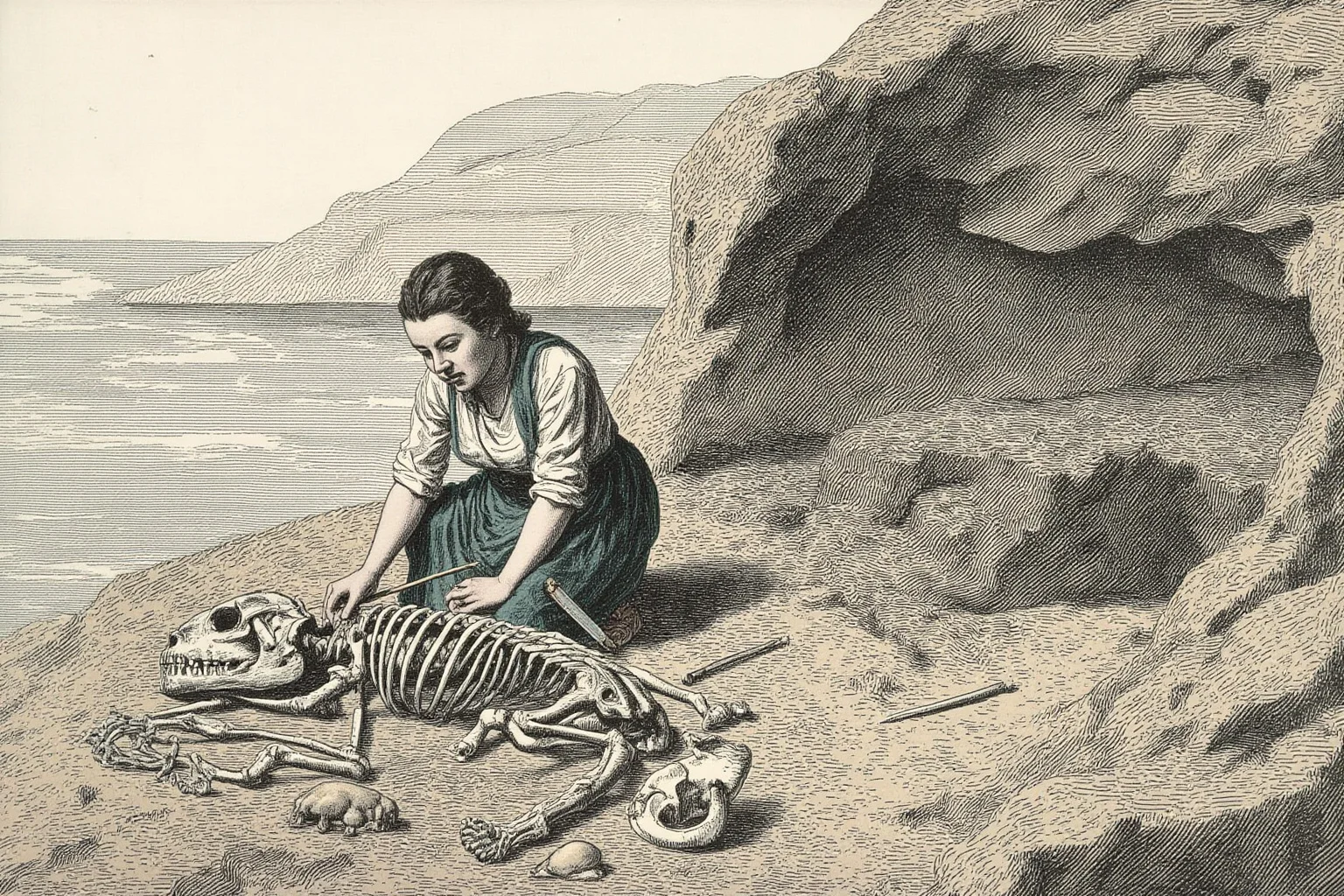 A 19th-century woman fossil hunter on a rocky coastal cliff with tools and a partially excavated prehistoric skeleton, illustrative style