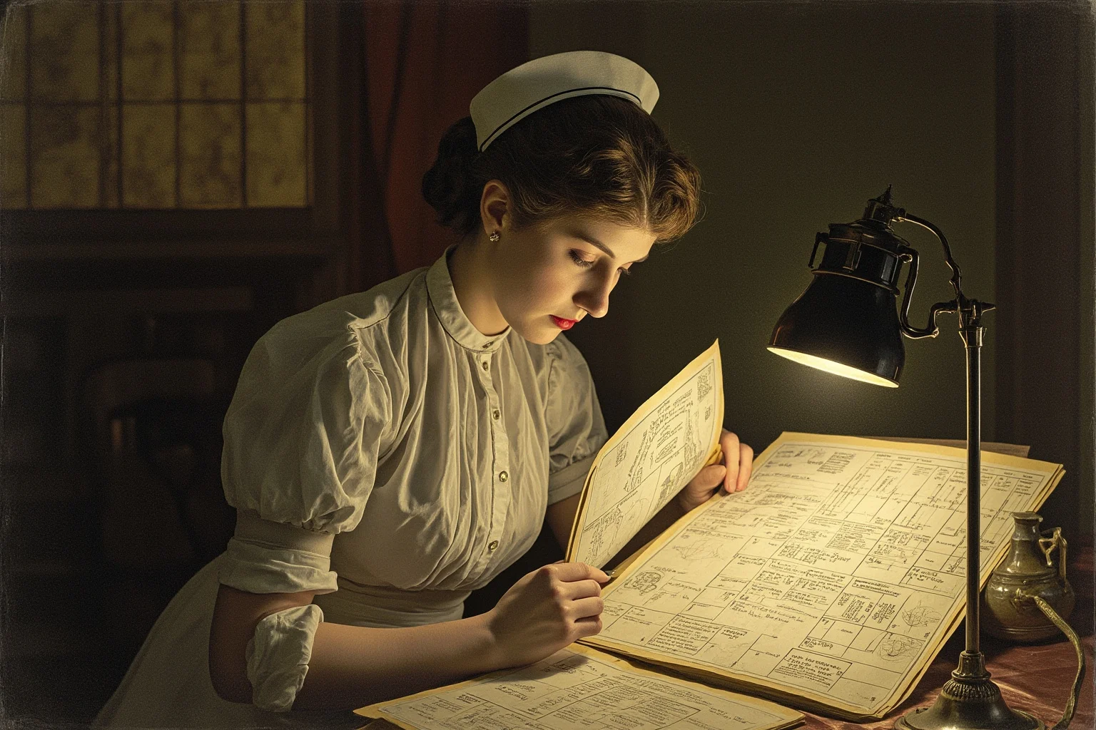 A 19th-century woman in a nurse's uniform studying statistical charts and diagrams by lamplight, illustrative style
