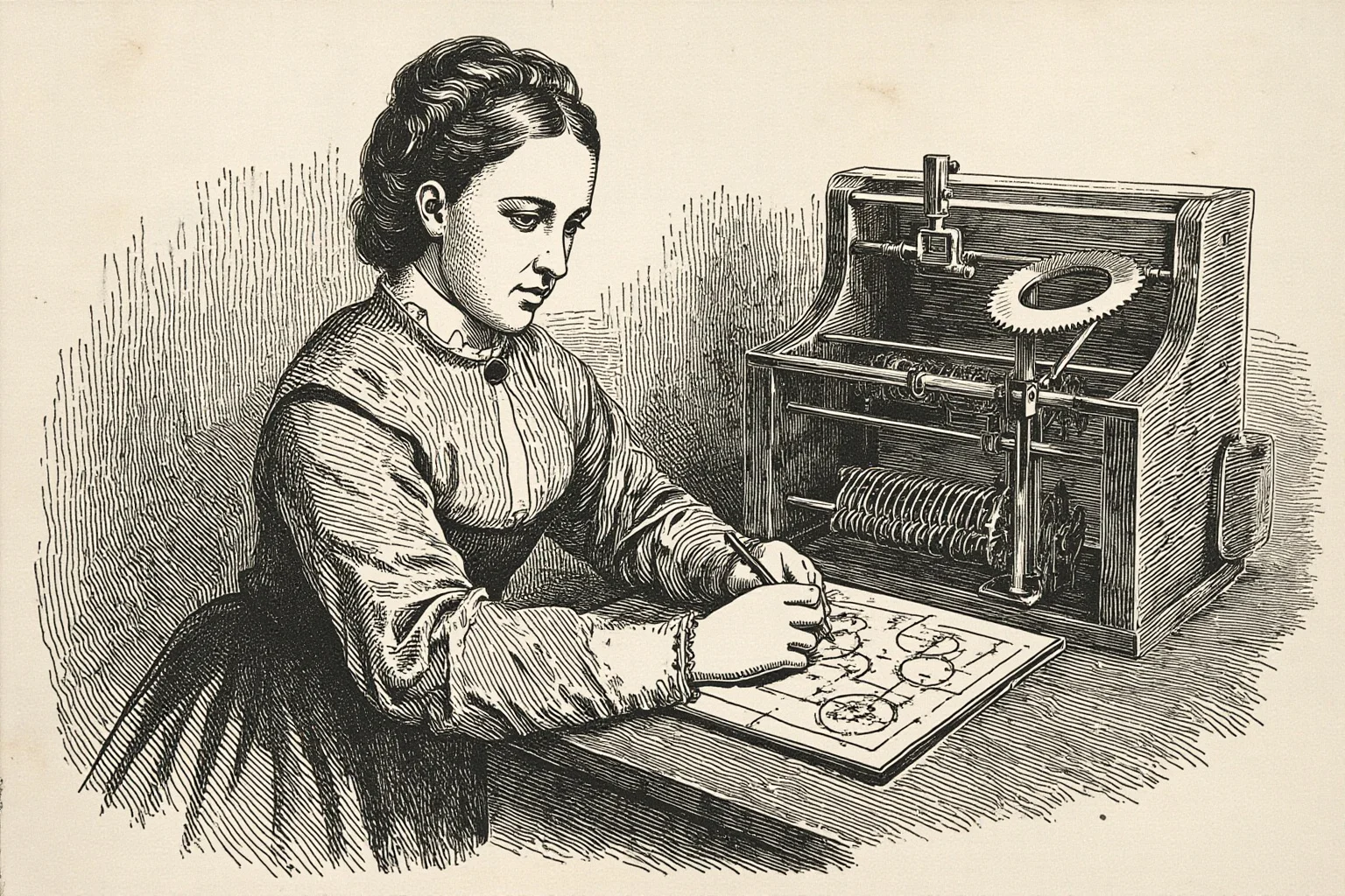 A 19th-century woman mathematician sketching gears and mechanical diagrams beside an early calculating machine, Victorian illustrative style